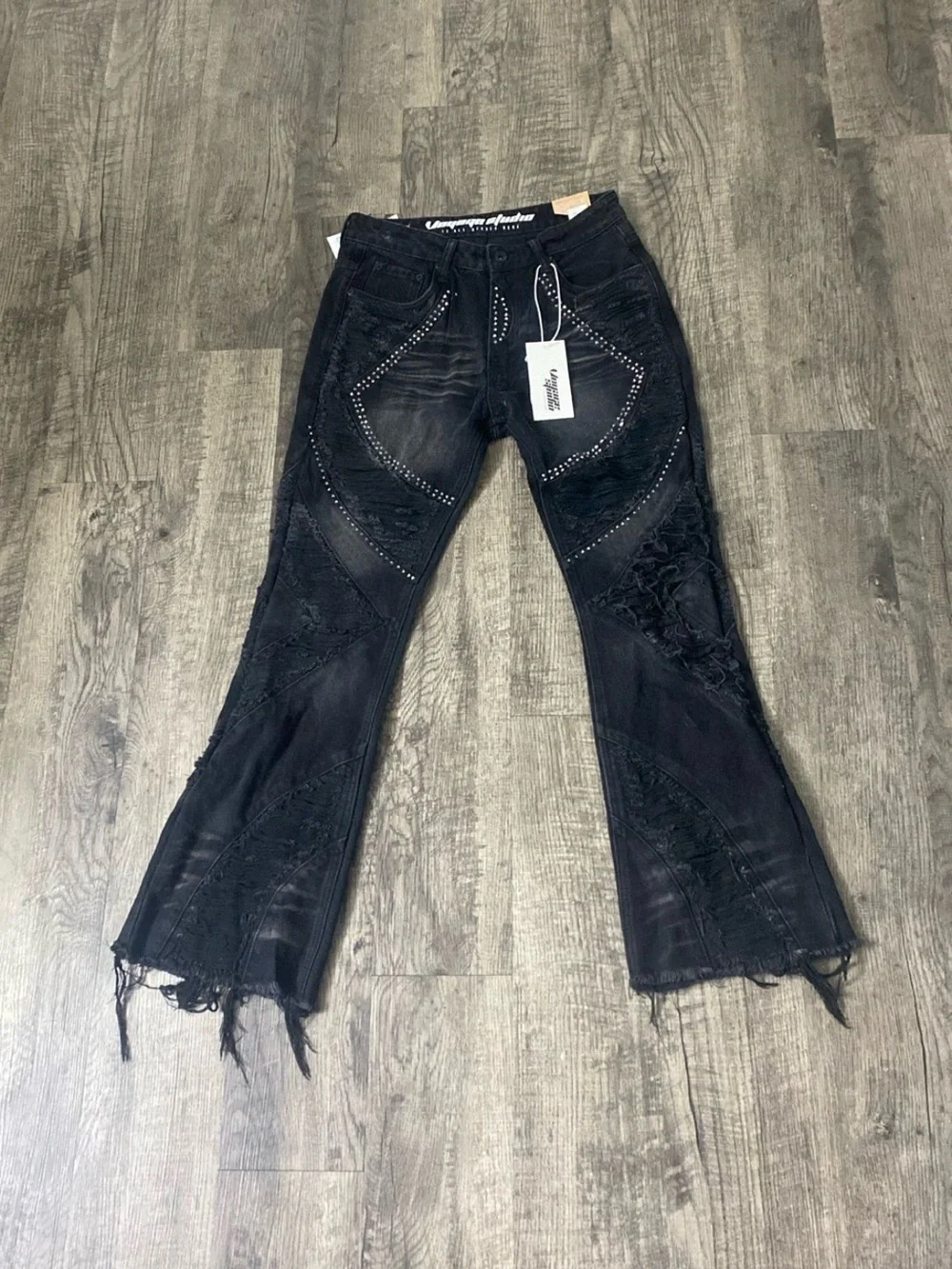 Distressed Black Flare Jeans with Stud Detailing - Picture 1 of 2